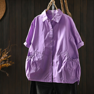 新款女士衬衫2026夏女装漂亮别致紫色温柔时尚洋气双口袋纯棉短袖