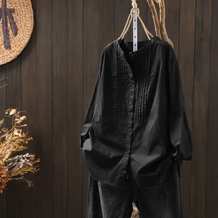 简约休闲百搭立领气质上衣 宽松长袖 黑色纯棉风琴褶衬衫 女2026春季