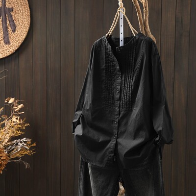 黑色纯棉风琴褶衬衫女2026春季宽松长袖简约休闲百搭立领气质上衣