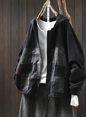 个性拼色连帽黑色牛仔短外套女小个子2025新款复秋古港味宽松上衣