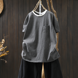 领口撞色纯棉短袖 宽松休闲百搭简约套头上衣 条纹t恤女夏2026新款