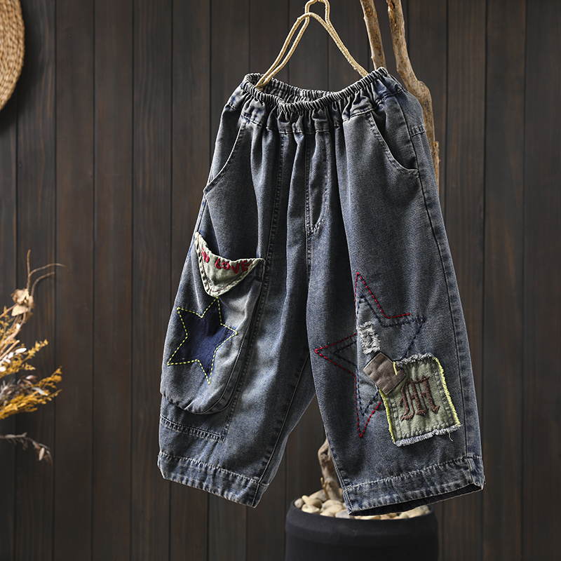 五角星贴布牛仔六分裤女夏薄款2025个性休闲宽松显瘦松紧腰短裤潮