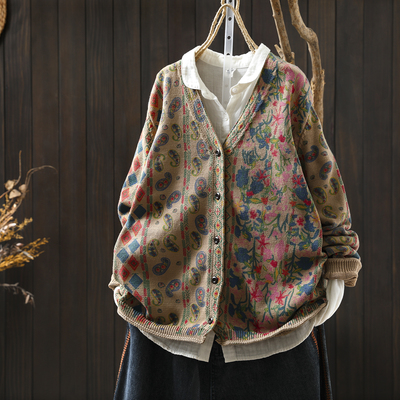 巨好看的早秋上衣2025复古轻熟宽松慵懒V领花色棉线针织开衫外套