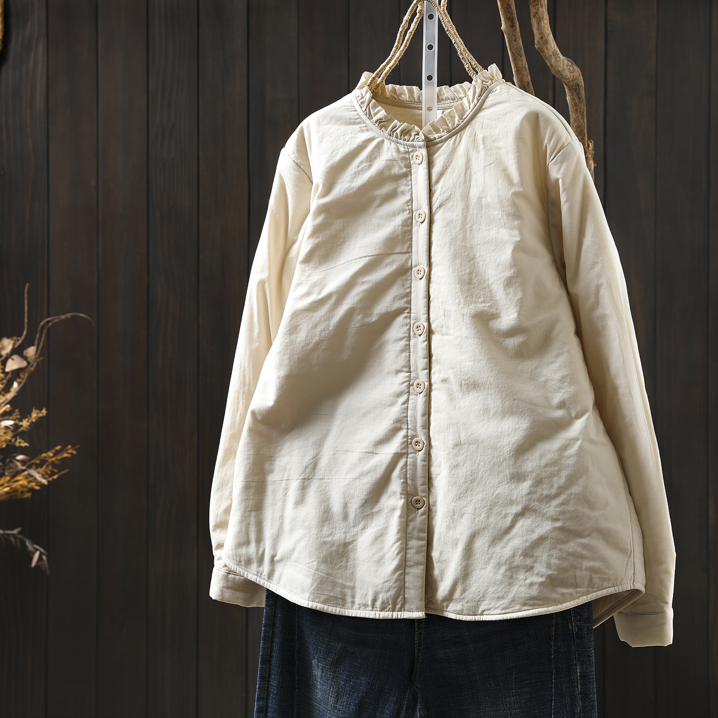 巨好看的夹棉外套女2025秋冬新款木耳领薄款纯棉打底百搭衬衫上衣