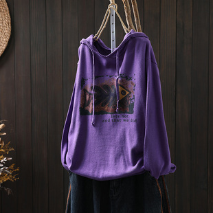 鱼印花连帽棉线毛衣女宽松长袖 复古休闲套头外穿打底针织线衣 秋装