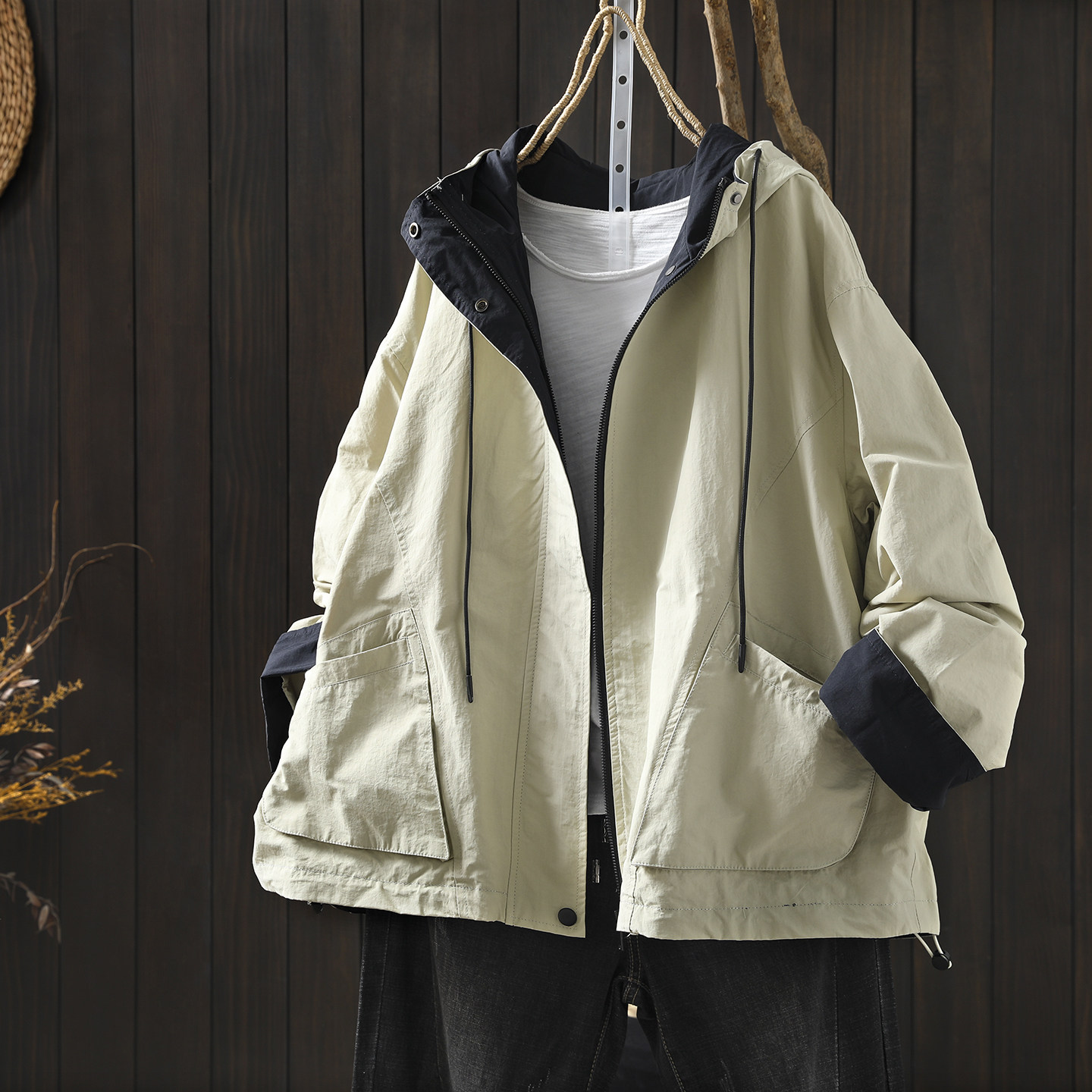 外套女春季2026新款连帽洋气宽松工装休闲风慵懒设计感长袖短风衣,女装/女士精品,短外套,淘宝优惠券,粉丝福利购,淘宝优惠卷