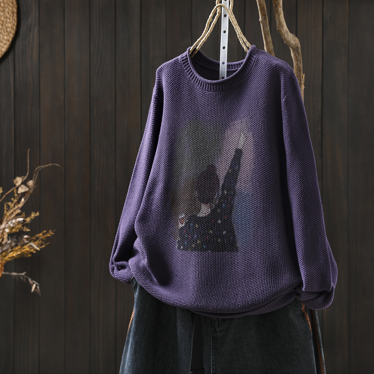 毛衣女秋冬高级感2025新款紫色棉线针织印花洋气设计感套头毛线衣