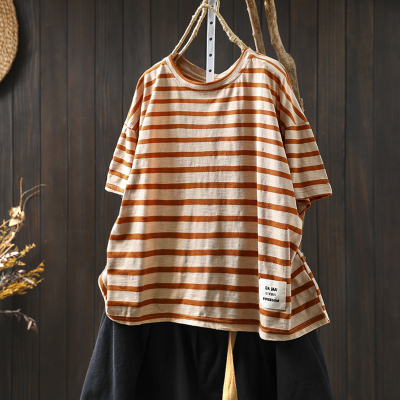 纯棉竹节棉条纹t恤女短袖2026新夏宽松大码休闲百搭小个子短上衣