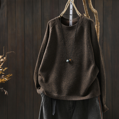 毛衣女款2025新款秋冬复古纯色宽松软糯独特超好看圆领套头针织衫