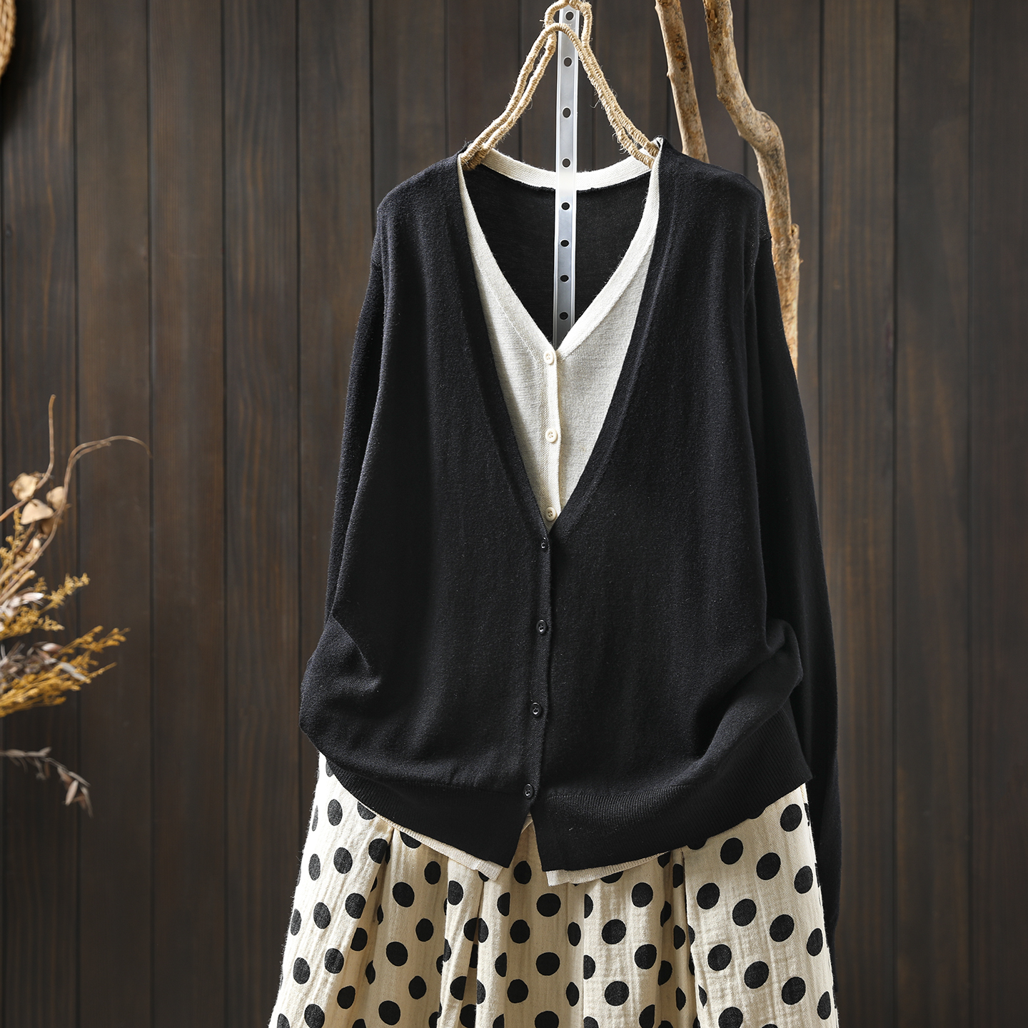 针织开衫外套女2025早秋款假两件撞色拼接气质显瘦长袖羊毛针织衫