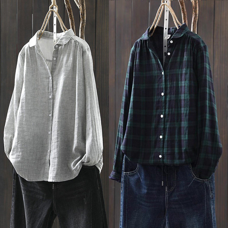 纯棉绿色格子长袖衬衫女上衣2025春季新宽松休闲内搭叠穿打底衬衣