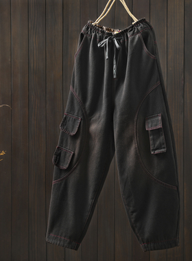 黑色哈伦牛仔裤2025新款女士秋冬季加绒工装设计感时尚显瘦长裤子