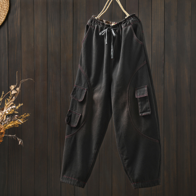 黑色哈伦牛仔裤2025新款女士秋冬季加绒工装设计感时尚显瘦长裤子