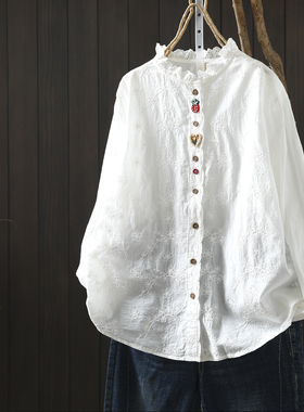 白色纯棉衬衫女2026新款刺绣提花卡通装饰减龄花边小立领洋气衬衣