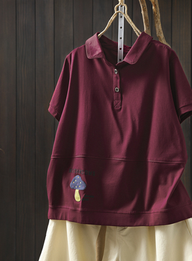 2026超火减龄t恤短袖夏新款红色polo领精致刺绣时髦微胖单穿上衣