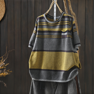 短袖t恤女2026新款夏季小个子撞色条纹针织圆领宽松休闲单穿上衣