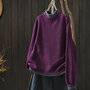 毛衣女款2026新款冬季半高领撞色拼接感棉线针织宽松慵懒风毛线衣