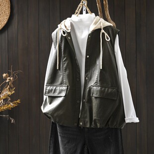 春季皮马甲女款2026新款可拆卸连帽复古时髦穿搭宽松无袖pu皮上衣