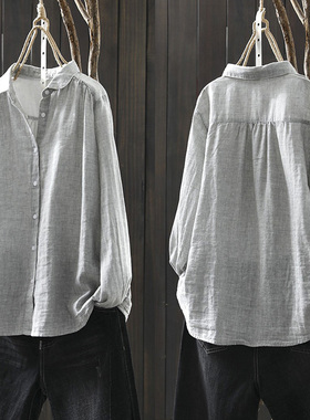 纯棉灰色长袖衬衫女上衣2025春季新款宽松休闲内搭叠穿打底白衬衣