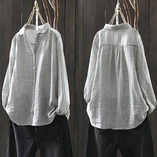纯棉灰色长袖衬衫女上衣2026春季新款宽松休闲内搭叠穿打底白衬衣