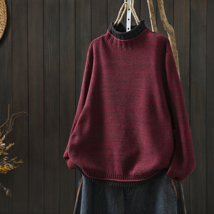 假两件撞色领红毛衣女款2026新款秋冬季半高领宽松慵懒套头毛线衣