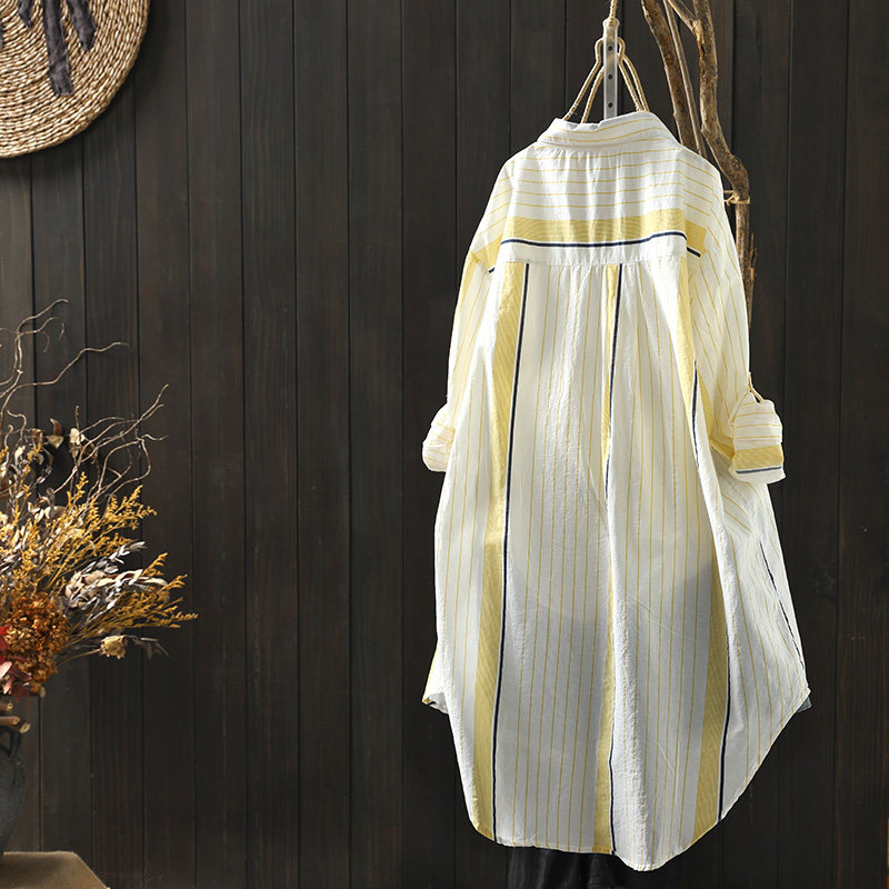 纯棉竖条纹长袖薄款衬衫女夏装新宽松休闲百搭中长款衬衣