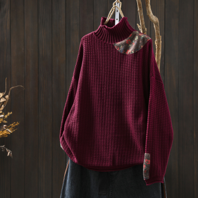 半高领毛衣女款2025新款秋冬季贴布棉线针织复古宽松外穿内搭上衣