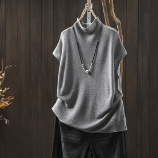 独特漂亮初春上衣女新款2026灰色半高领羊毛针织打底无袖毛针织衫