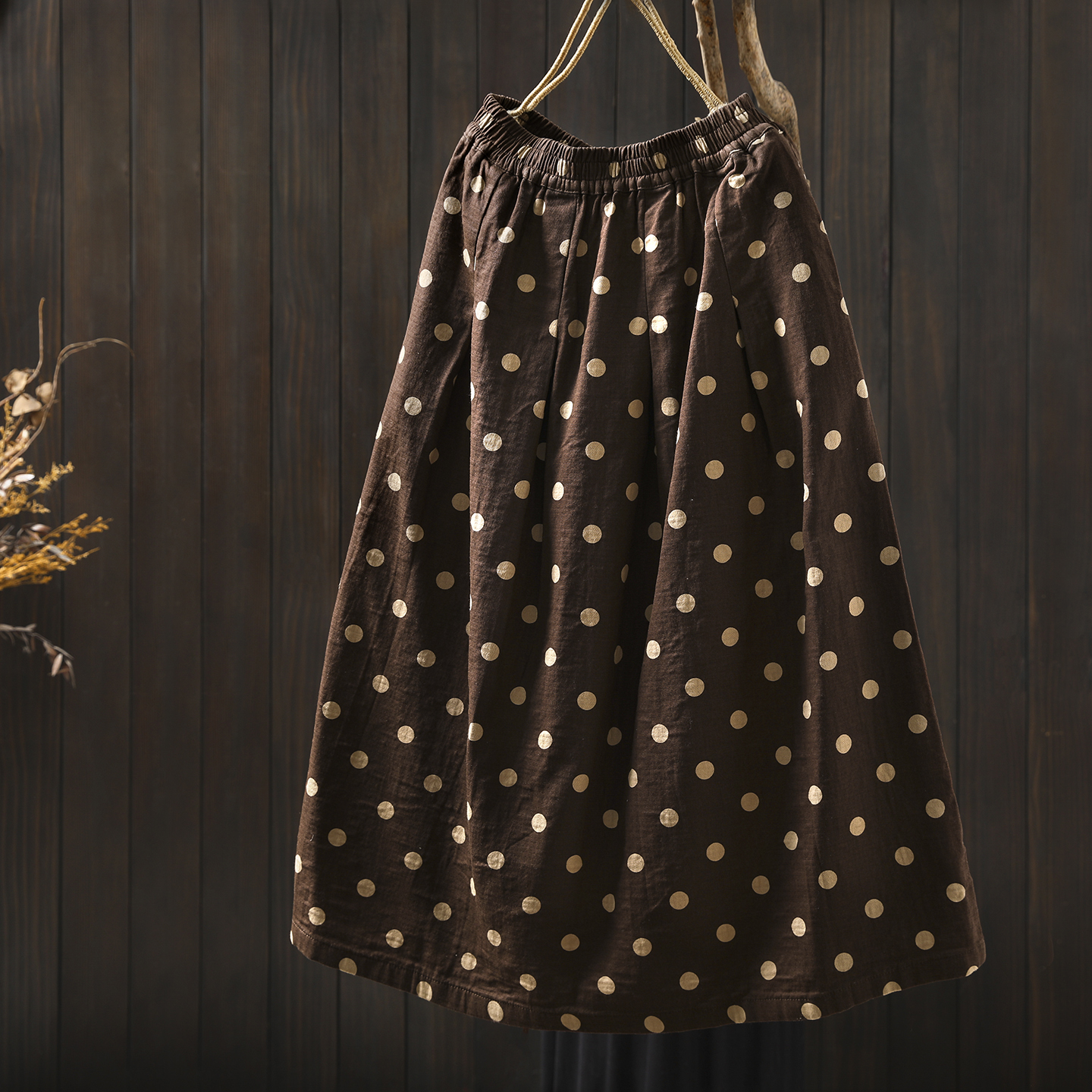 波点半身裙女2025新款秋纯棉复古A字休闲百搭显瘦遮胯中长款裙子