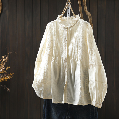 独特漂亮法式小衬衫女2026春新款纯棉蕾丝花边立领风琴褶文艺衬衣