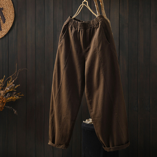咖色纯棉复古宽松简约百搭外穿显瘦九分休闲裤 春季 子2026新款 女裤