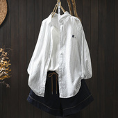 空调衫 字母刺绣纯棉竖条纹衬衫 宽松休闲百搭薄开衫 外套长袖 女春季