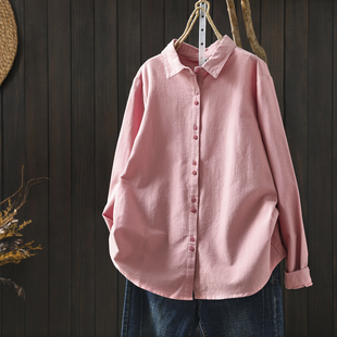 春粉色纯棉磨毛漂亮文艺宽松时尚 女2026新款 衬衣 衬衫 独特超好看