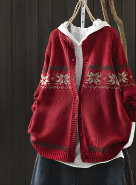 绝美巨好看红色毛衣女春季新款2026洋气棉线外穿休闲针织开衫外套