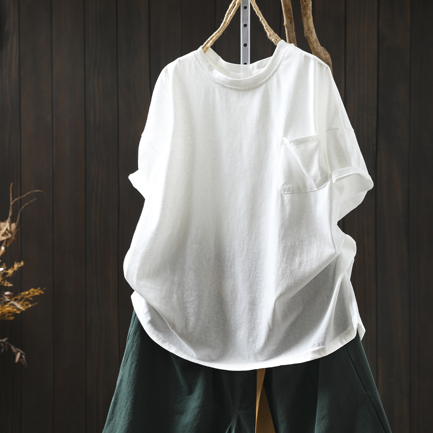短袖女t恤2025新款夏季白色全棉单口袋纯色宽松百搭显瘦套头上衣