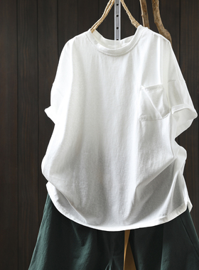 短袖女t恤2026新款夏季白色全棉单口袋纯色宽松百搭显瘦套头上衣
