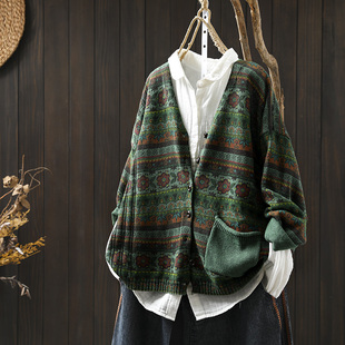 花朵印花棉线针织开衫 线衣外套 女宽松显瘦春秋新复古休闲V领长袖