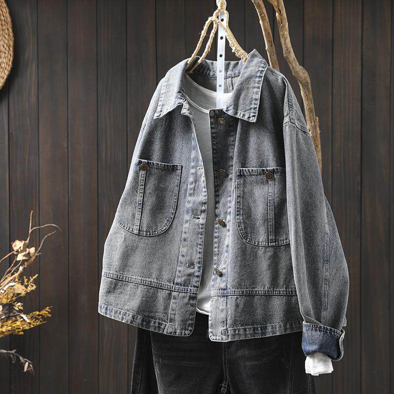 双口袋水洗长袖牛仔衬衫女小个子2026新款春装宽松休闲气质短外套