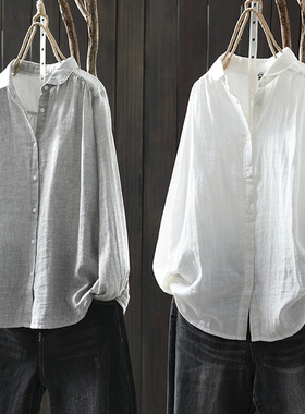 纯棉灰色衬衫女长袖上衣2025春季新款宽松休闲内搭叠穿打底白衬衣