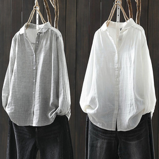 纯棉灰色衬衫女长袖上衣2026春季新款宽松休闲内搭叠穿打底白衬衣