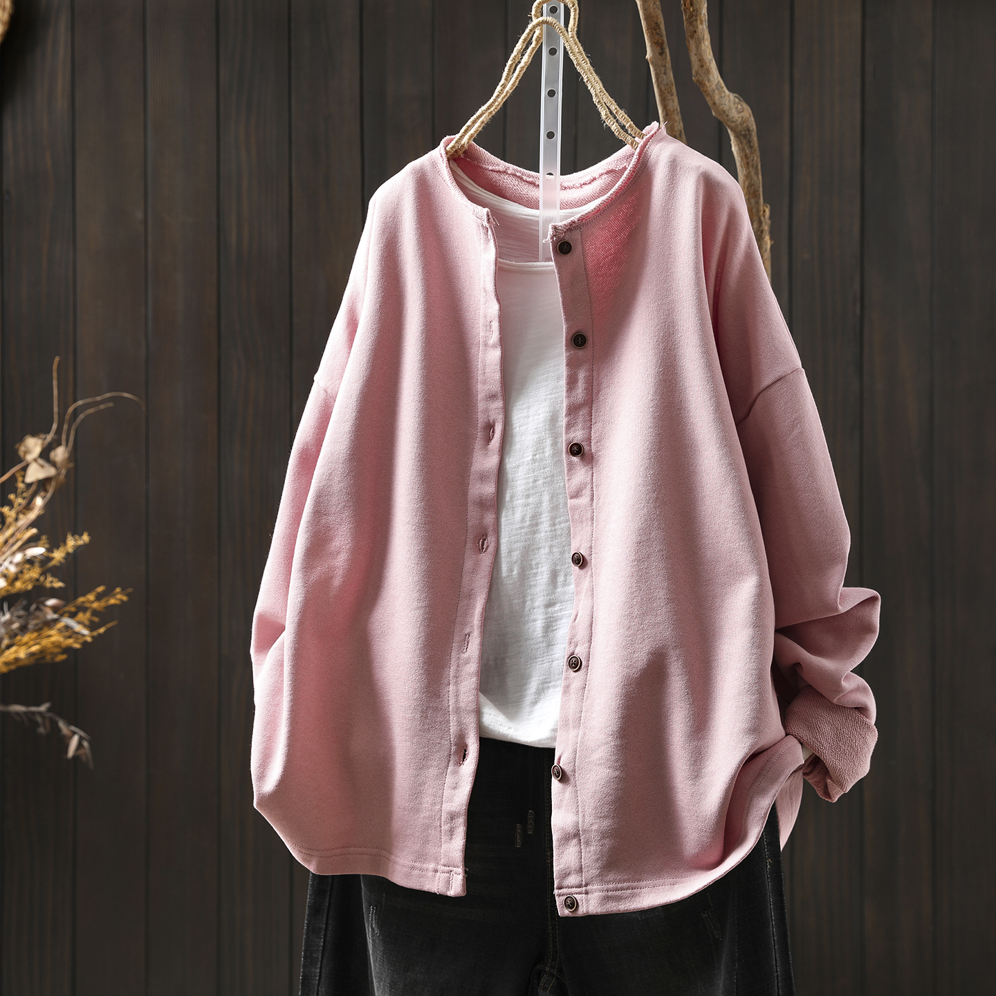 粉色外套女早秋新款2025年复古宽松休闲纯棉毛圈长袖外搭开衫上衣