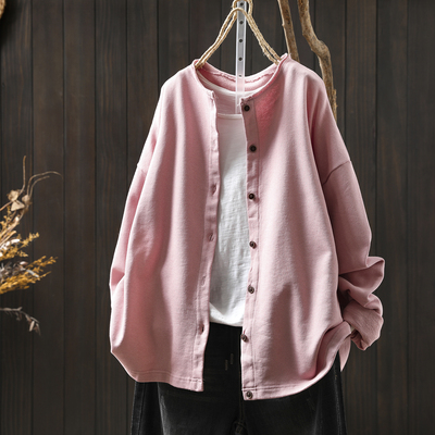 粉色外套女春装新款2026年复古宽松休闲纯棉毛圈长袖外搭开衫上衣
