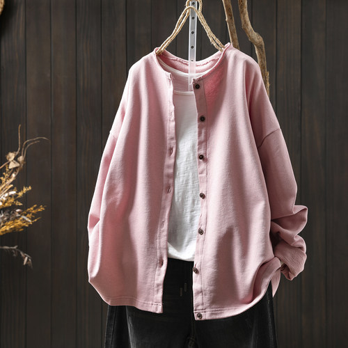 粉色外套女春装新款2026年复古宽松休闲纯棉毛圈长袖外搭开衫上衣