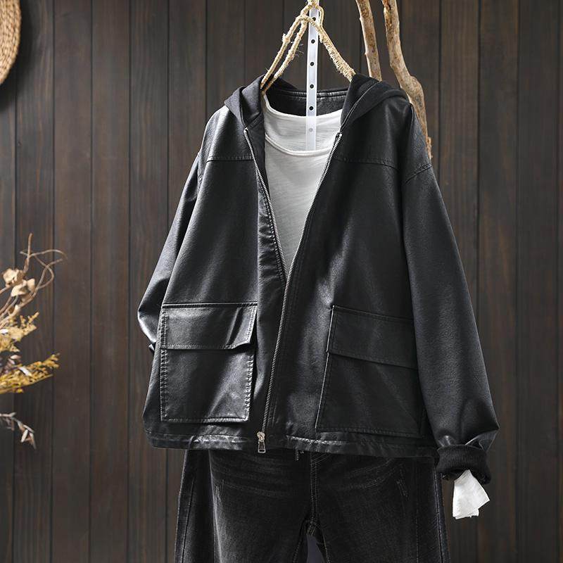 大口袋连帽黑色皮衣外套女宽松大码遮肉秋季复古休闲pu机车服夹克