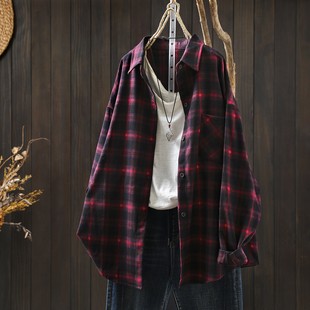 衬衣女款2026新爆款开春宽松休闲磨毛开衫气质长袖红格子衬衫外套