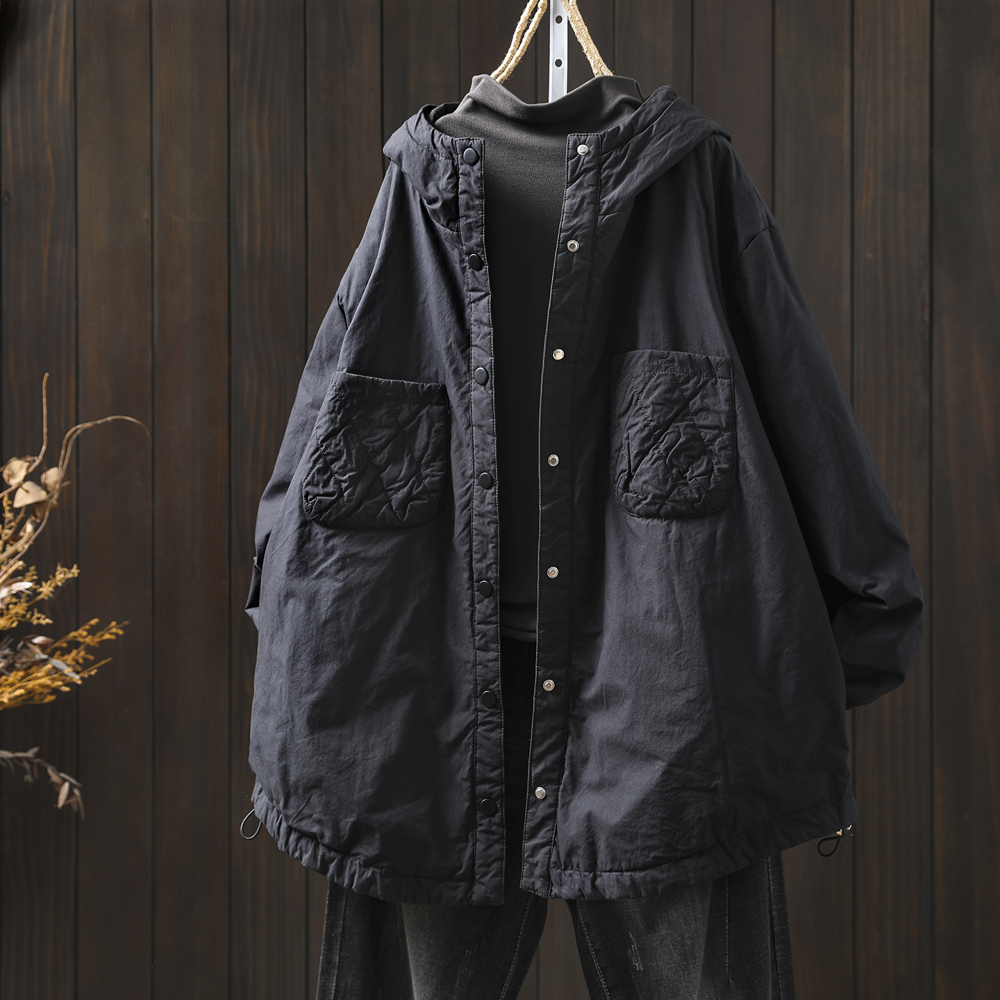 黑色棉服女款2025新款秋季连帽宽松百搭纯色休闲超好看夹棉薄外套