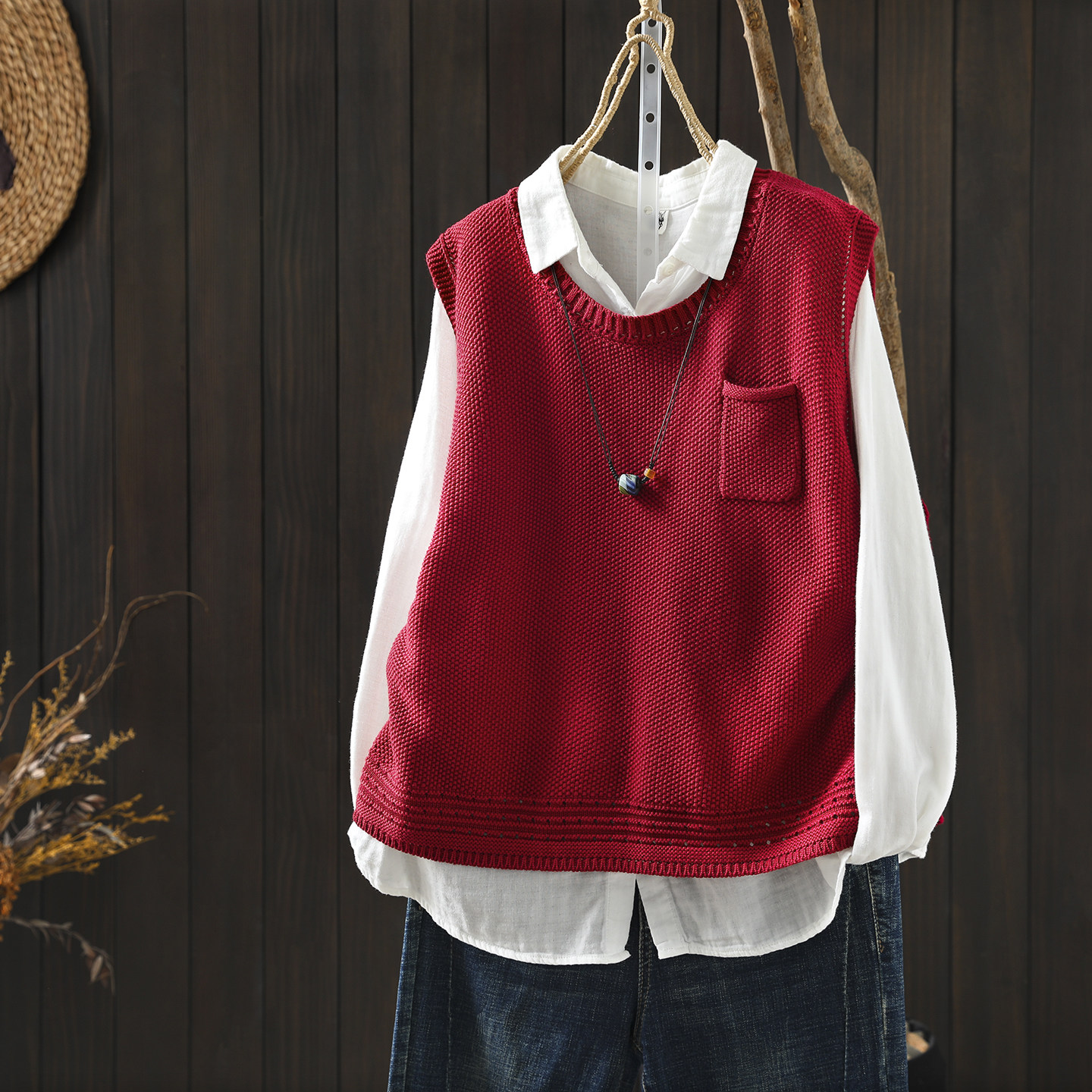 独特漂亮马甲背心女春新款2026红色棉线洋气坎肩外穿无袖针织马夹