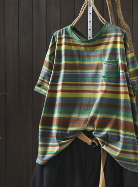 上衣女夏t恤2026新款绿色条纹炒色复古胖mm时髦显瘦圆领短袖小衫