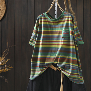 小衫 上衣女夏t恤2026新款 绿色条纹炒色复古胖mm时髦显瘦圆领短袖