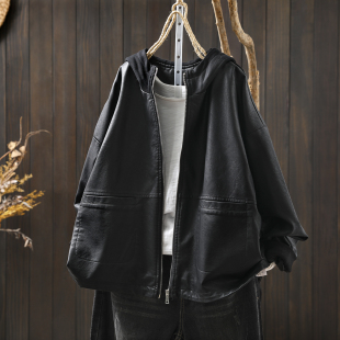 女士黑色皮衣外套2026秋季 小个子连帽宽松休闲机车风软皮夹克 新款